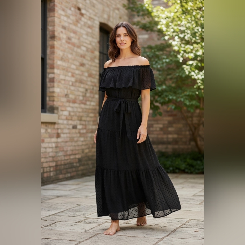 Black Summer Off-Shoulder Maxi Dress Sheer - Picture 9 of 9